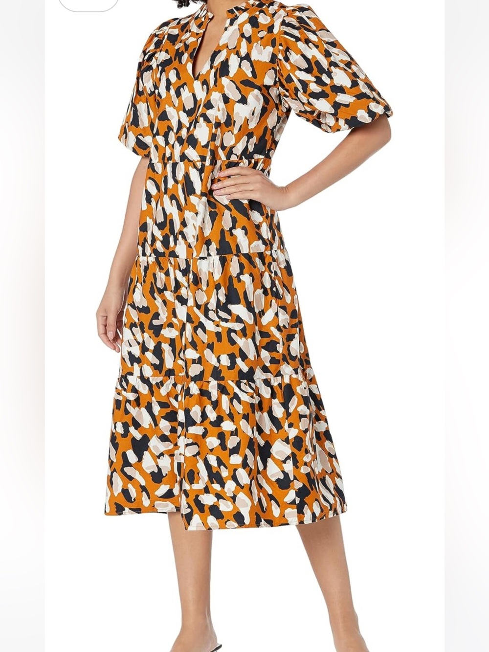 Mud Pie Orange, Black & White Abstract Print Midi Dress